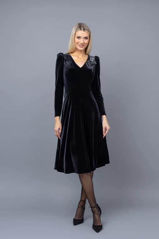 Rochie midi din catifea cu aplicatie florala