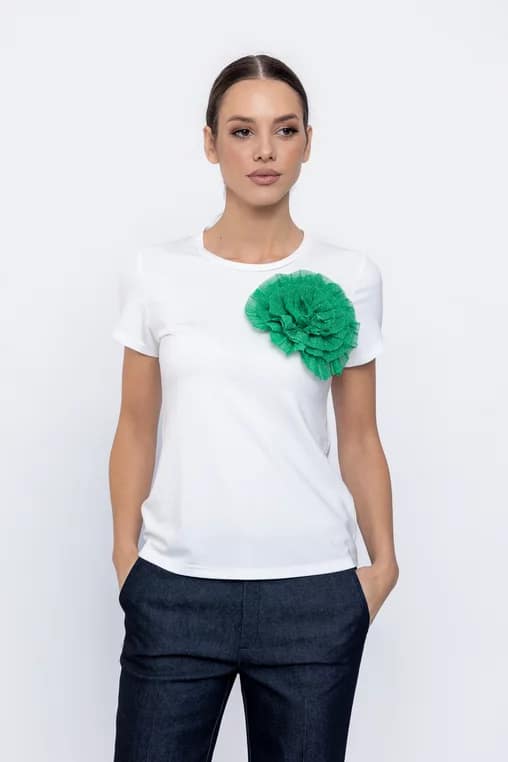 Bluză tricot cu floare aplicată verde - imagine 2