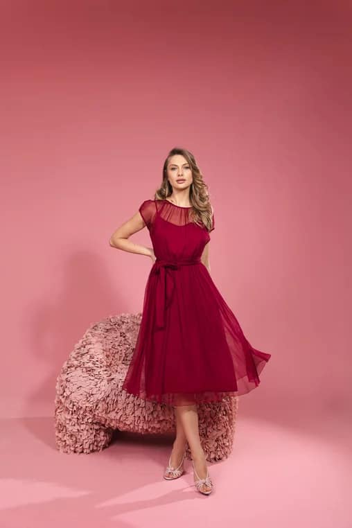 Rochie Caramel elegantă mătase naturală burgundy R8516 - imagine 2