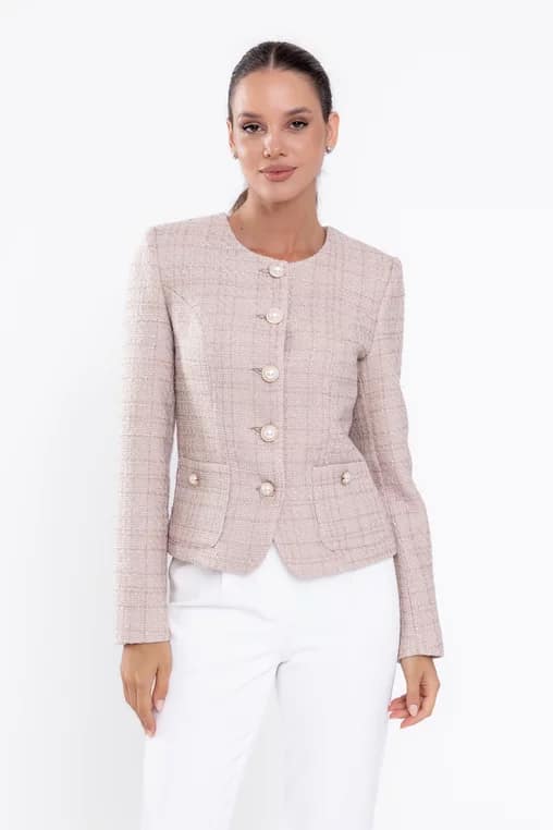 Sacou Caramel elegant cu nasturi perlă roz S1516 - imagine 2