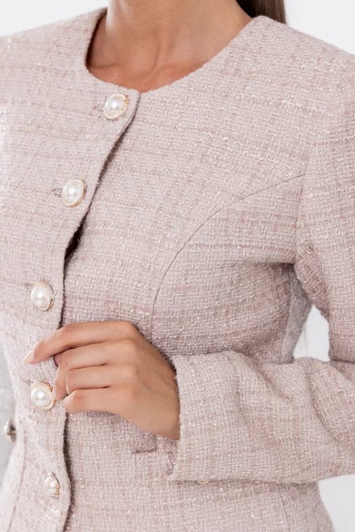 Sacou Caramel elegant cu nasturi perlă roz S1516 - imagine 3