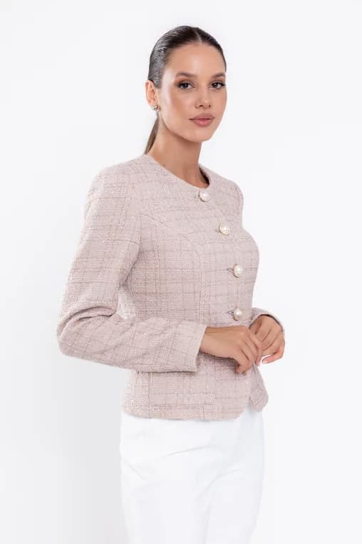 Sacou Caramel elegant cu nasturi perlă roz S1516 - imagine 4