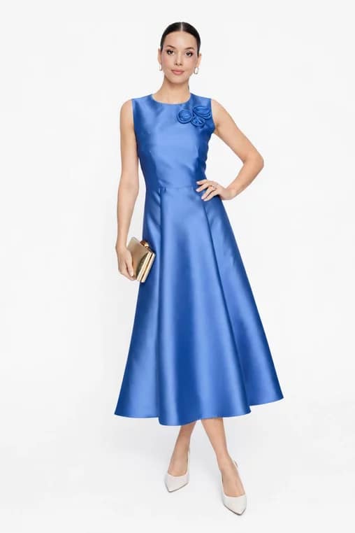 Rochie Caramel elegantă din tafta cu flori decorative albastră R8620caramel