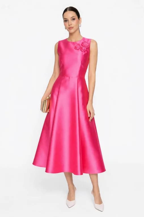 Rochie Caramel elegantă din tafta cu flori decorative fucsia R8620caramel