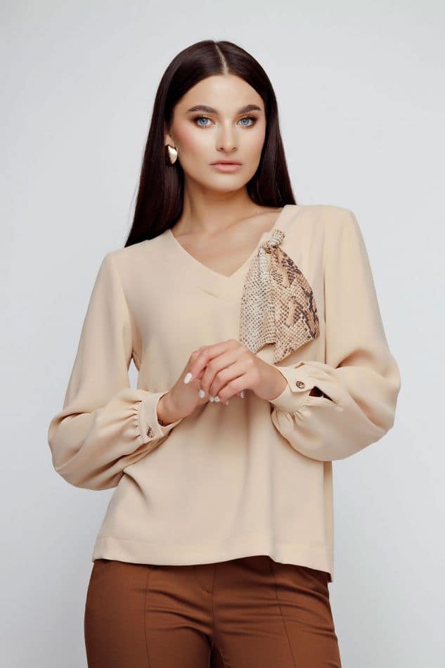 Bluza dama bej cu esarfa - imagine 3