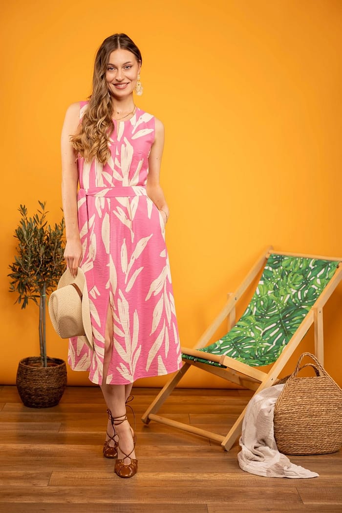 Rochie Midi fără Mâneci cu Print Roz Fucsia GART - imagine 2