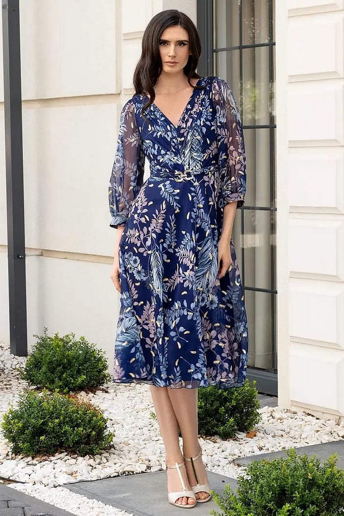 Rochie bleumarin cu imprimeu floral și cordon