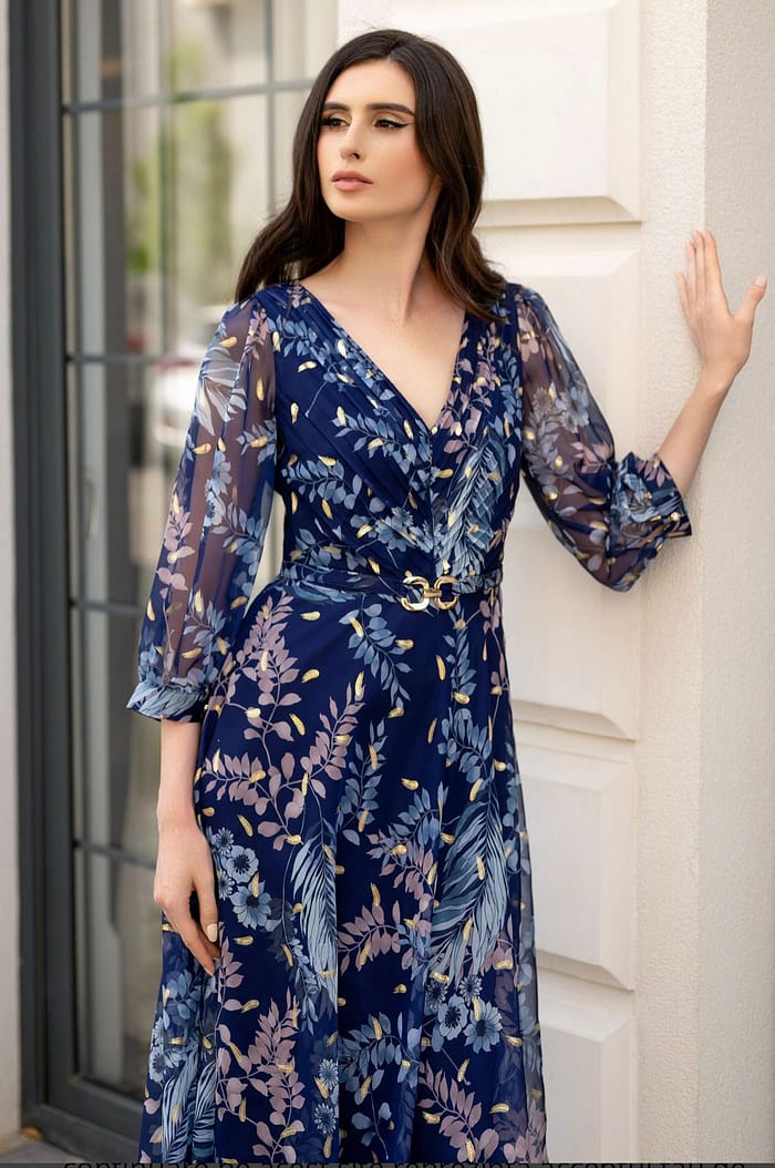 Rochie bleumarin cu imprimeu floral și cordon - imagine 2