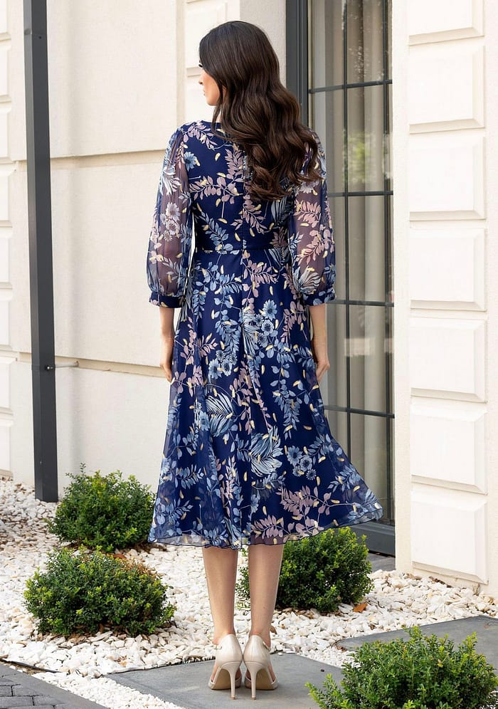 Rochie bleumarin cu imprimeu floral și cordon - imagine 3