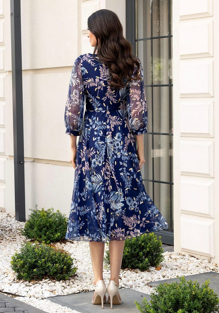 Rochie bleumarin cu imprimeu floral și cordon - imagine 3